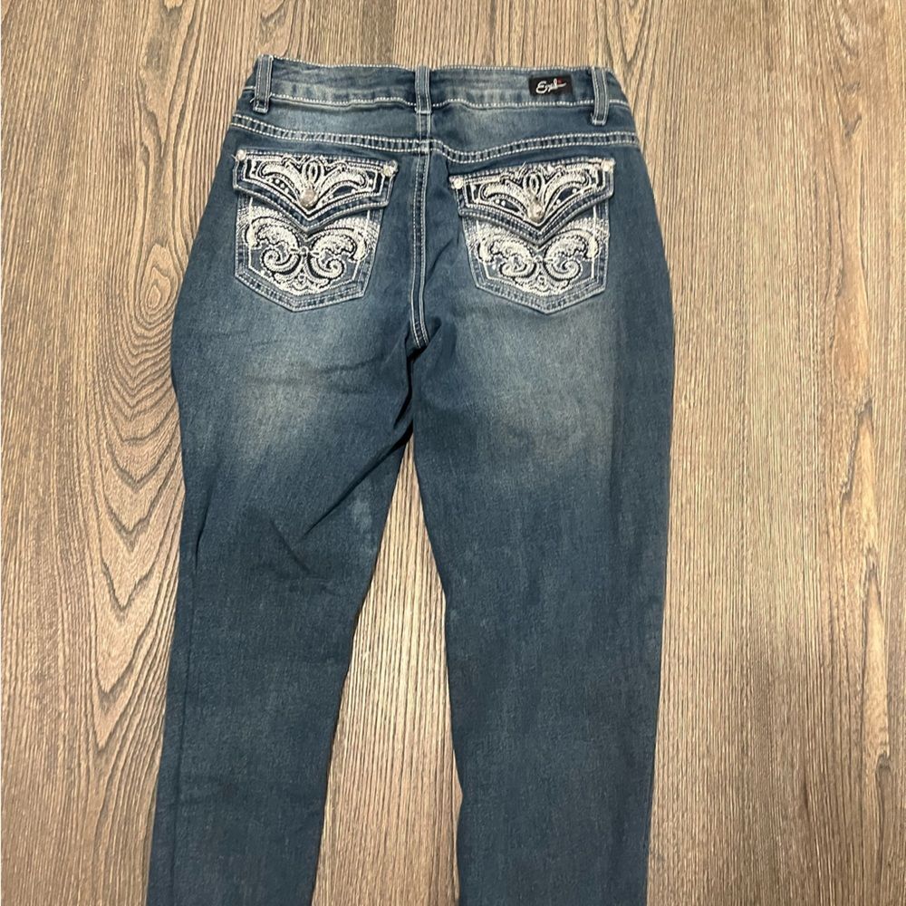 Earl Jean Slim Boot Dark Wash Faded Embroidered Jeans Size 4 Petite - Picture 10 of 11